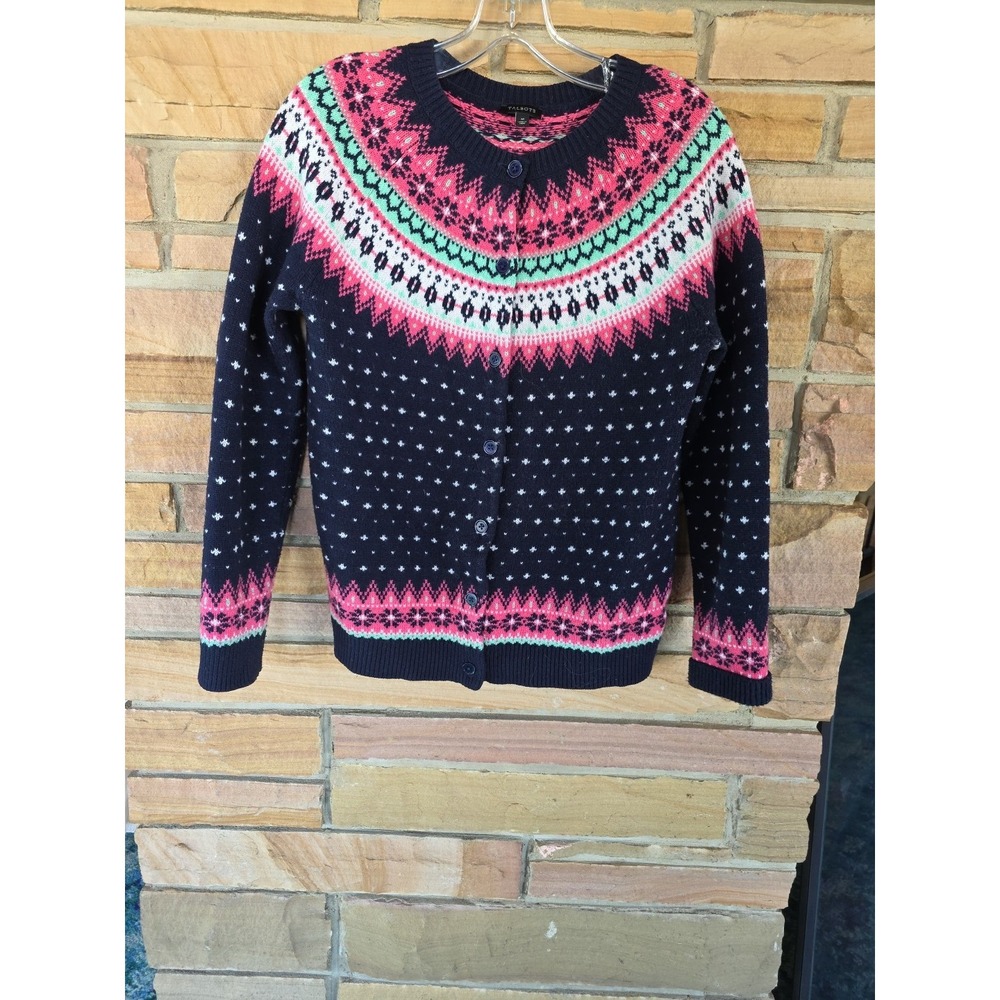 Talbots Womens M Fair Isle Sweater Cardigan Navy Pink Green Button Front Cozy